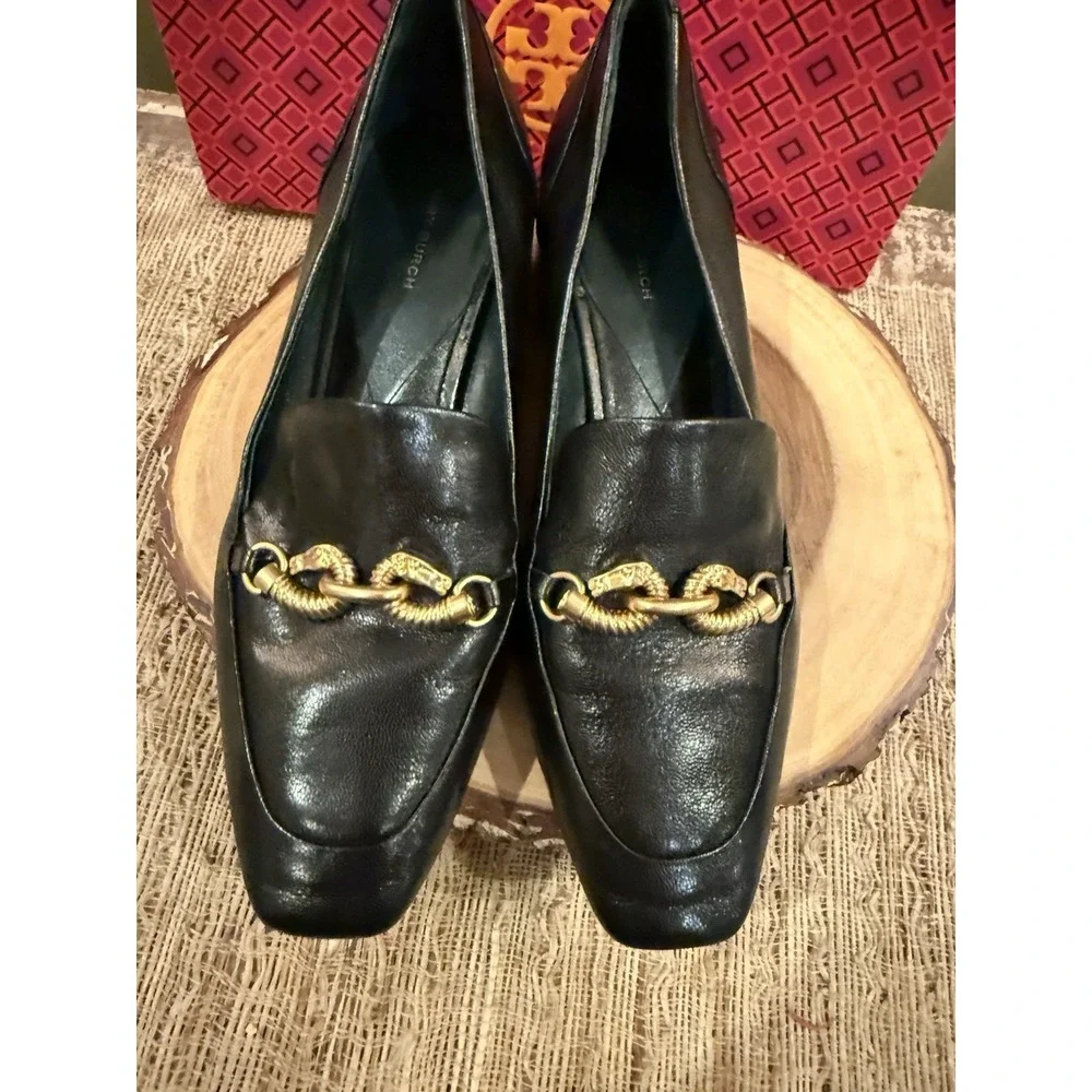 Tory Burch Women's Jessa Leather Heeled Loafer Black Block Heel Gold Links 9.5
